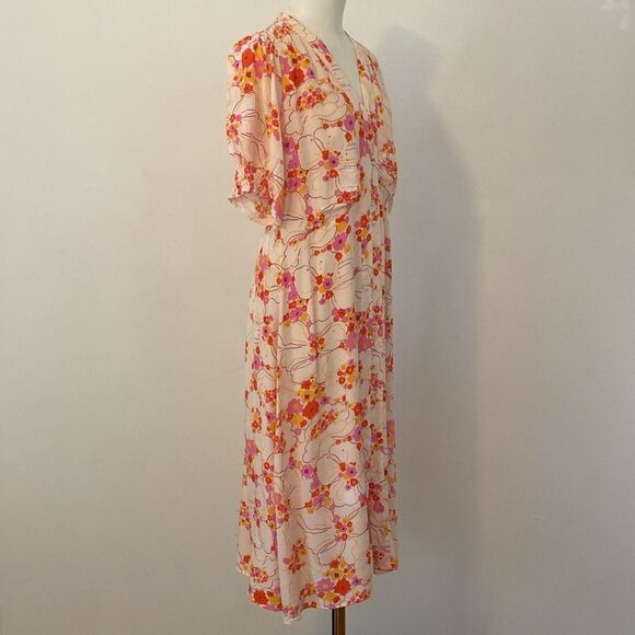 SUNCOO Paris Cream Orange & Pink Floral Clay Midi Dress size T3/ L - Picture 6 of 16